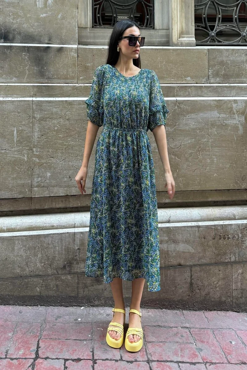 For You Moda For You Fashion Chiffon Lined Waist Gathered Patterned Long Green Dress