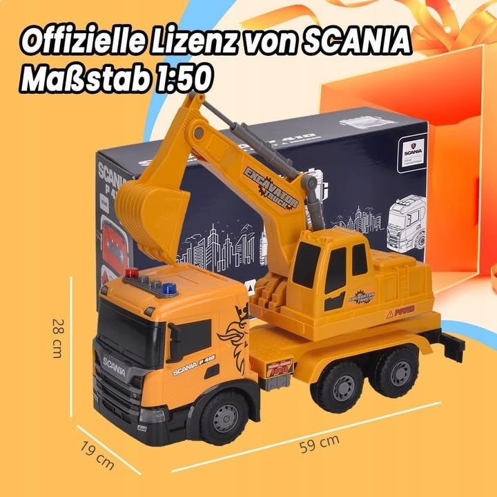 The Toys Home لعبة شاحنة البناء الحفارة المرخصة من سكانيا، مقياس 1:50، 59 سم، صفراء، مع أضواء وأصوات، رافعة دفع واذهب، للأعمار 3 سنوات فما فوق - Image 2