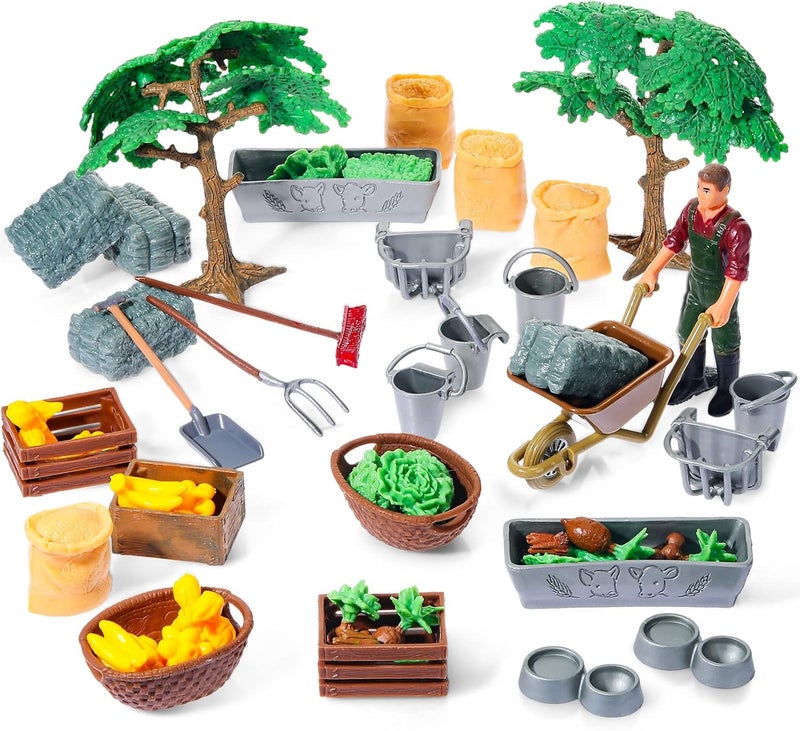 Sosation 54 Pcs Play Farm Feed Food Accessories Toy Set Mini Educational Playset Feed Set Includes Plastic Hay Bale Straw Heap Vegetable Planting Scene Tools Educational Gift Cake Toppers for Kids Toddlers - Image 1
