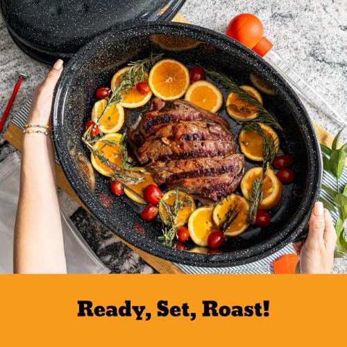 Granite Ware 19 in Oval Roaster Set (10pcs), includes Lid, Rack, 2 pack brining bags, oven/grill-safe meat Thermometer, Turkey Baster with silicone bulb, and a small brush. - Image 2