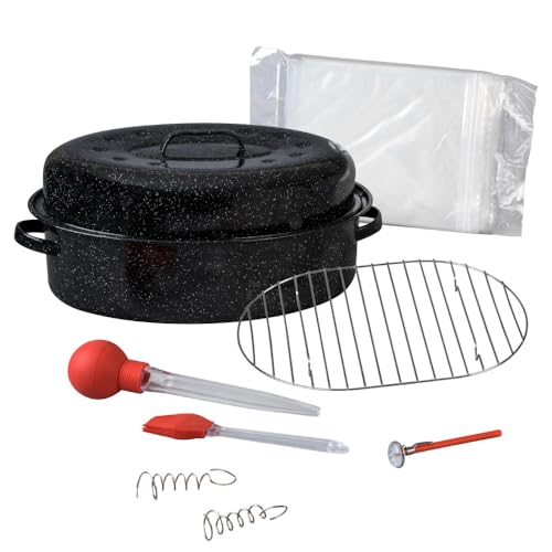 Granite Ware 19 in Oval Roaster Set (10pcs), includes Lid, Rack, 2 pack brining bags, oven/grill-safe meat Thermometer, Turkey Baster with silicone bulb, and a small brush. - Image 1