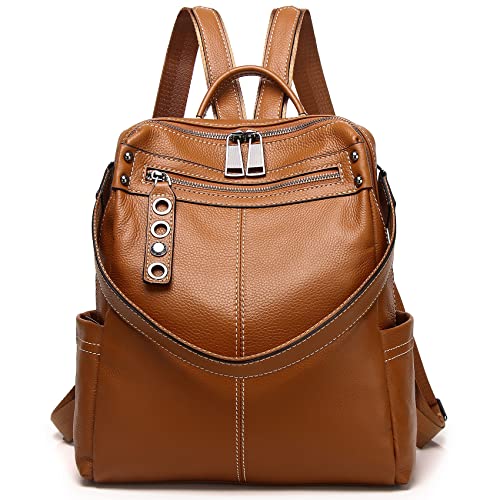 Wesccimo Genuine Leather Backpack Purse For Women Orange Real Soft Leather Travel Fashion Designer Convertible Ladies Shoulder Bag - Image 1