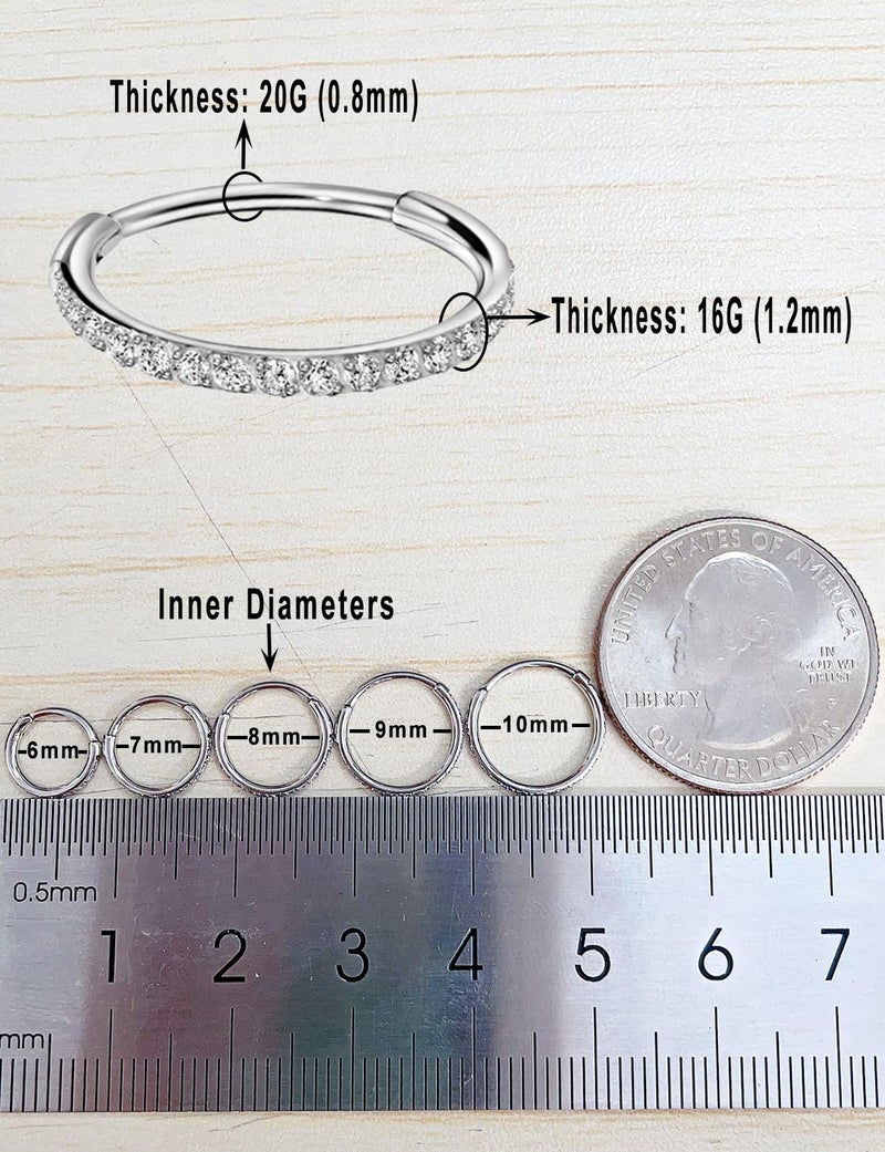 TDEBA 20/18/16G CZ Nose Rings Hoop, 316L Surgical Stainless Steel Cartilage Earring, Septum Clicker Ring, Daith Helix Rook Tragus Conch Lip Lobe Piercing Jewelry - Silver, Clear CZ, 20G 9mm - Image 3