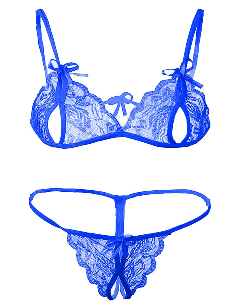Xs and Os Lace Bra Panty Peek-A-Boo Lingerie Set (Free Size, Royal Blue) - Image 5