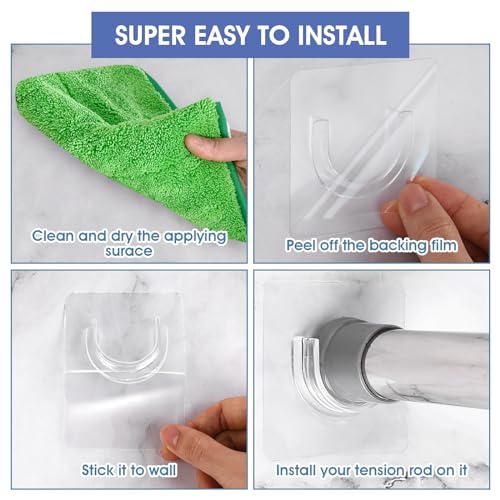 Sibba Shower Rod Holder 4Pcs Sticky Curtain Rod Bracket No Drilling Retainer Clear Tension Hooks Liners Support Mount Sticker Heavy Duty Wall Hold Tool Fit Bathroom Wardrobe - Image 5