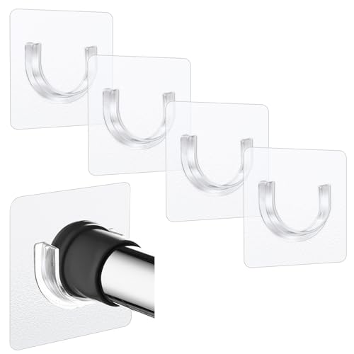 Sibba Shower Rod Holder 4Pcs Sticky Curtain Rod Bracket No Drilling Retainer Clear Tension Hooks Liners Support Mount Sticker Heavy Duty Wall Hold Tool Fit Bathroom Wardrobe - Image 1