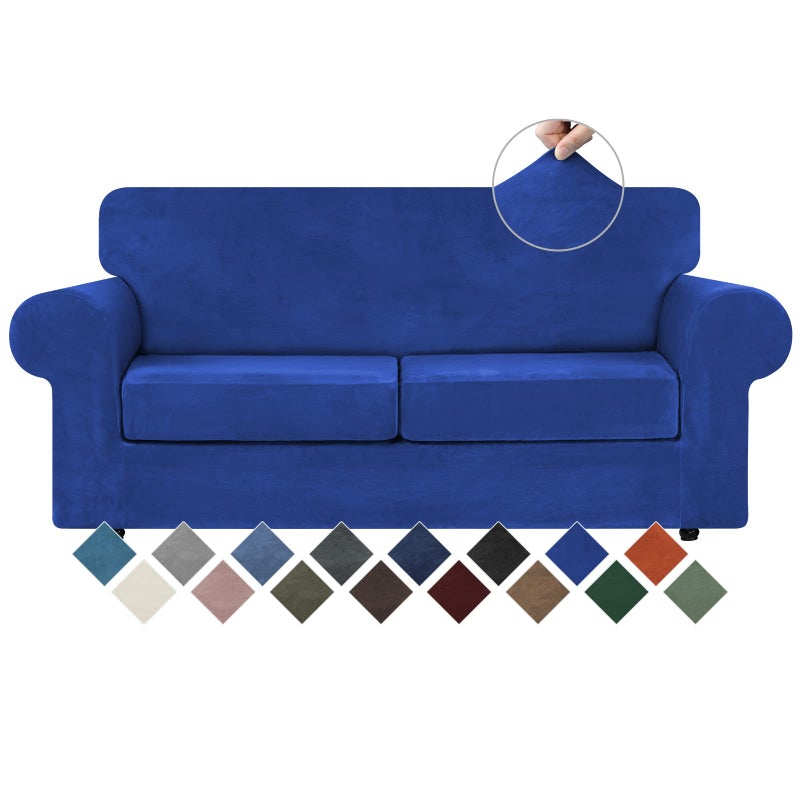 WEERRW Velvet Couch Covers for 2 Cushion Couch Sofa  High Stretch Luxury Velvet Plush 3 Pieces Sofa Slipcovers with Elastic Bottom Furniture Protector for Pets Machine Washable Royal Blue Medium