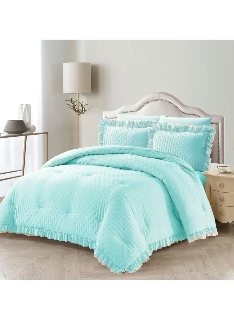 Donetella Designer Comforter Set 6-Pcs King Size Bed Fits(200 x 200 Cm) Microfiber Bedding With Ruffled Comforter , Baby Blue