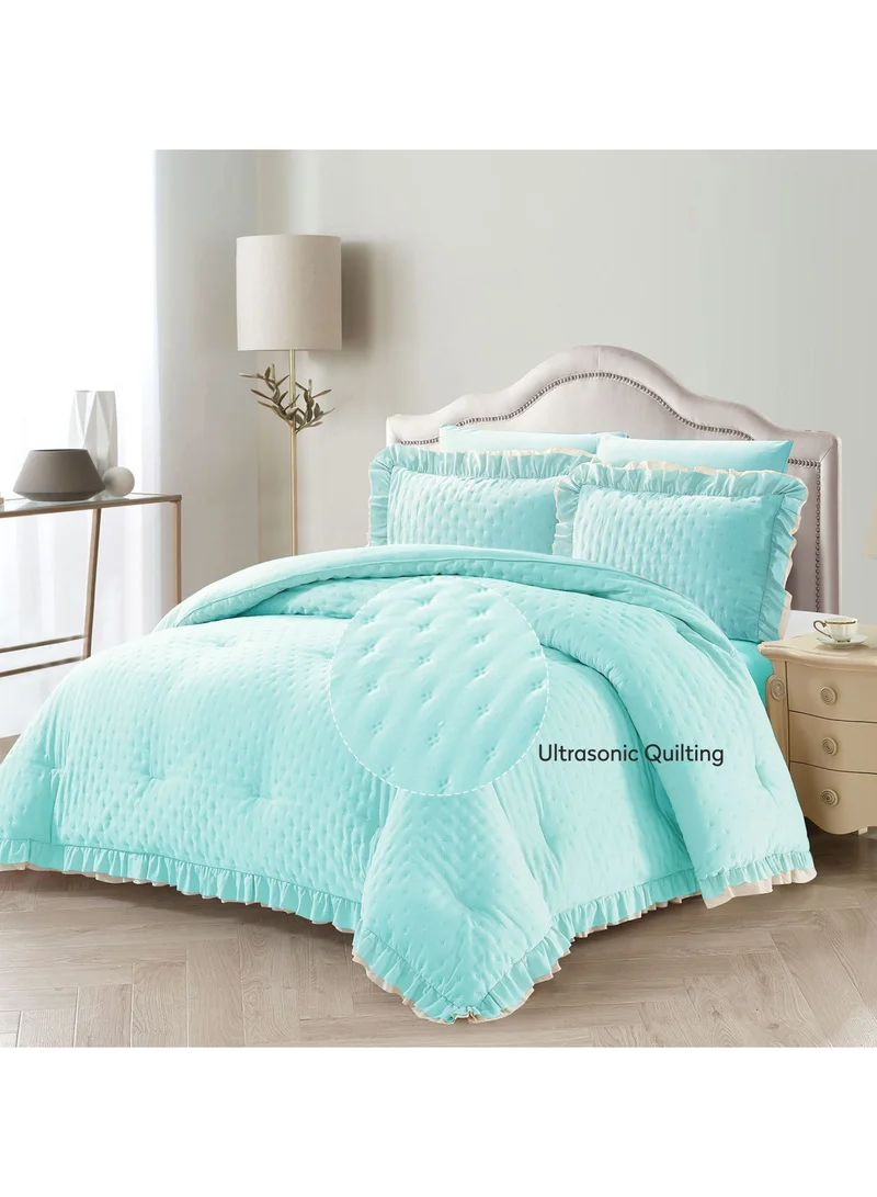 Donetella Designer Comforter Set 6-Pcs King Size Bed Fits(200 x 200 Cm) Microfiber Bedding With Ruffled Comforter , Baby Blue