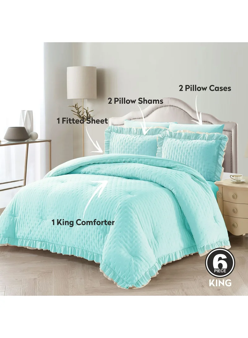 Donetella Designer Comforter Set 6-Pcs King Size Bed Fits(200 x 200 Cm) Microfiber Bedding With Ruffled Comforter , Baby Blue
