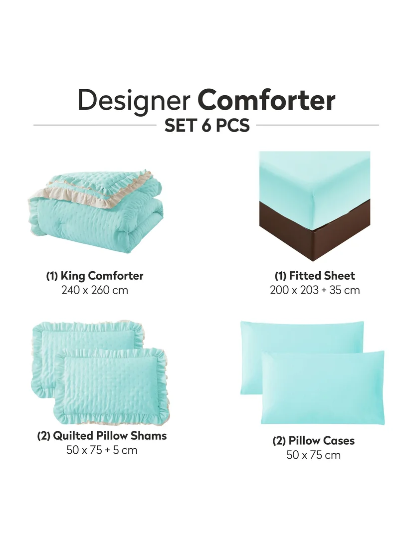 Donetella Designer Comforter Set 6-Pcs King Size Bed Fits(200 x 200 Cm) Microfiber Bedding With Ruffled Comforter , Baby Blue