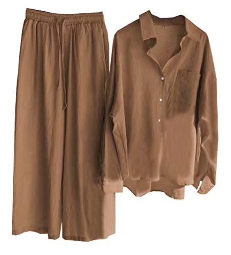 Beralst Women's Pants Set, Cotton Linen Long Sleeves Button Down Shirts Matching Wide Leg Pants Outfits for Women, Brown, 2X-Large - Image 1