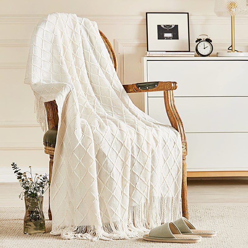 inhand Knitted Throw Blankets for Couch and Bed, Soft Cozy Knit Blanket with Tassel, Off White Lightweight Decorative Blankets and Throws, Farmhouse Warm Woven Blanket for Men and Women, 60"x80" - Image 1