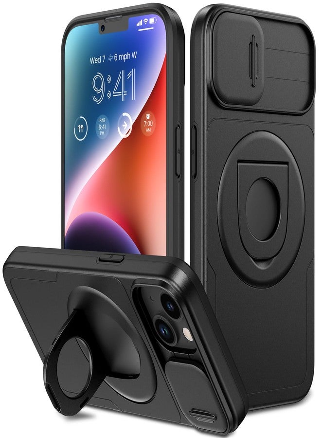 VEGO for iPhone 13 Case with Slide Camera Cover, iPhone 14 case [Compatible with MagSafe] Built-in 360° Kickstand, Military Grade Shockproof Protective Magnetic Phone Case for iPhone 13 & 14-Black - Image 1