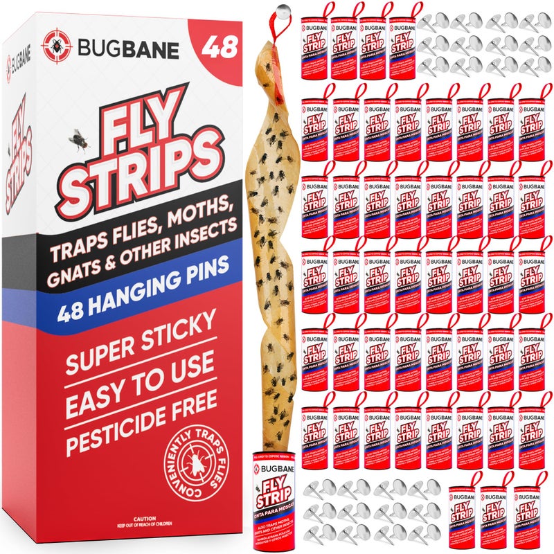 BugBane Fly Strips Indoor Sticky Hanging 48pk with Pins. Non Toxic Outdoor Fly Trap Indoor for Home. Flies Tape Paper Trap Ribbon Roll for House Gnat Fruit and Housefly. Bug Catchers for Inside Home Flypaper - Image 1