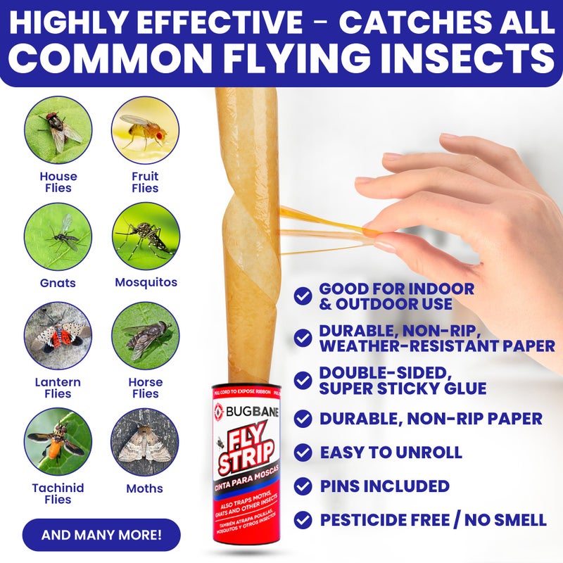 BugBane Fly Strips Indoor Sticky Hanging 48pk with Pins. Non Toxic Outdoor Fly Trap Indoor for Home. Flies Tape Paper Trap Ribbon Roll for House Gnat Fruit and Housefly. Bug Catchers for Inside Home Flypaper - Image 2
