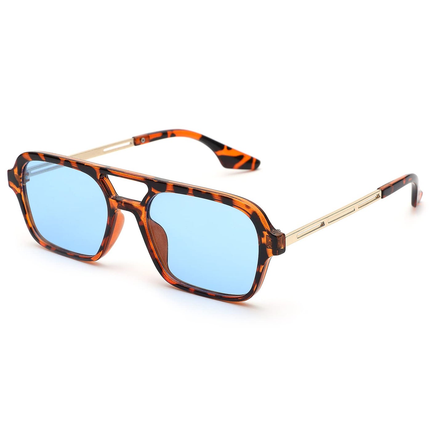 COASION Vintage 70s Flat Aviator Small Frame Sunglasses for Women Men Square Metal Design UV400 Protection Shades(Tortoise Frame/Blue Lens)