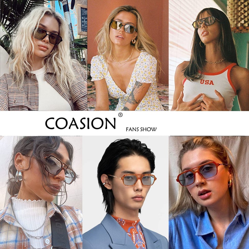 COASION نظارات شمسية فلات طراز السبعينات صغيرة الإطار للنساء والرجال بتصميم معدني مربع وحماية UV400 (إطار صدفي/عدسة زرقاء) - Image 2