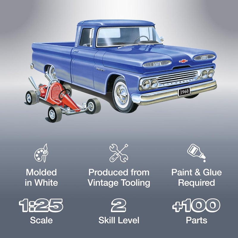 AMT 1960 Chevy Custom Fleetside Pickup with Go Kart 1:25 Scale Model Kit - Image 2