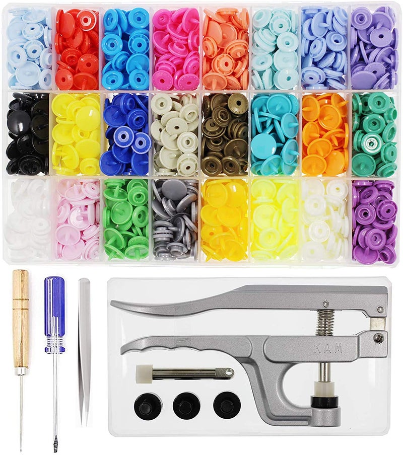 BetterJonny KAM Snaps Buttons + Snap Pliers, Starter Fasteners Kit, 384 Sets 24-Colors, Size 20 T5 KAM Snap Plastic Fasteners Punch Poppers Closures No-Sew Buttons for Crafts Cloth Diaper Bibs - Image 1