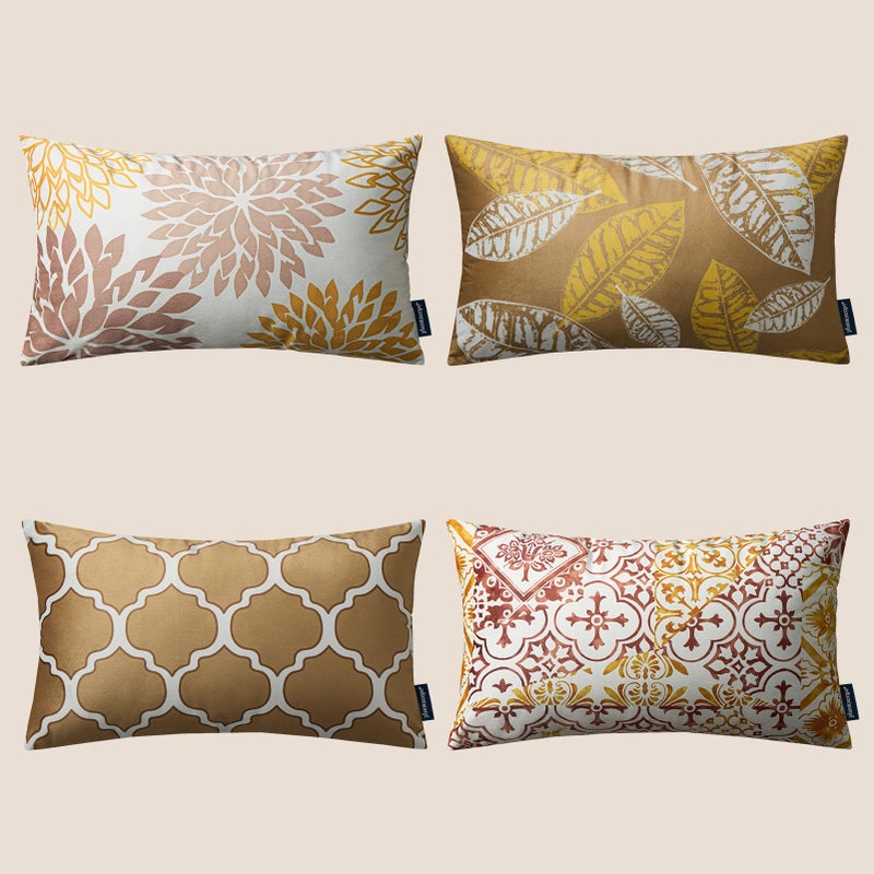 Phantoscope Set of 4 New Living Series Leaf Geometric Throw Decorative Velvet Pillow Cover Cushion Cover Beige Gold 12 x 20 inches 30 x 50 cm
