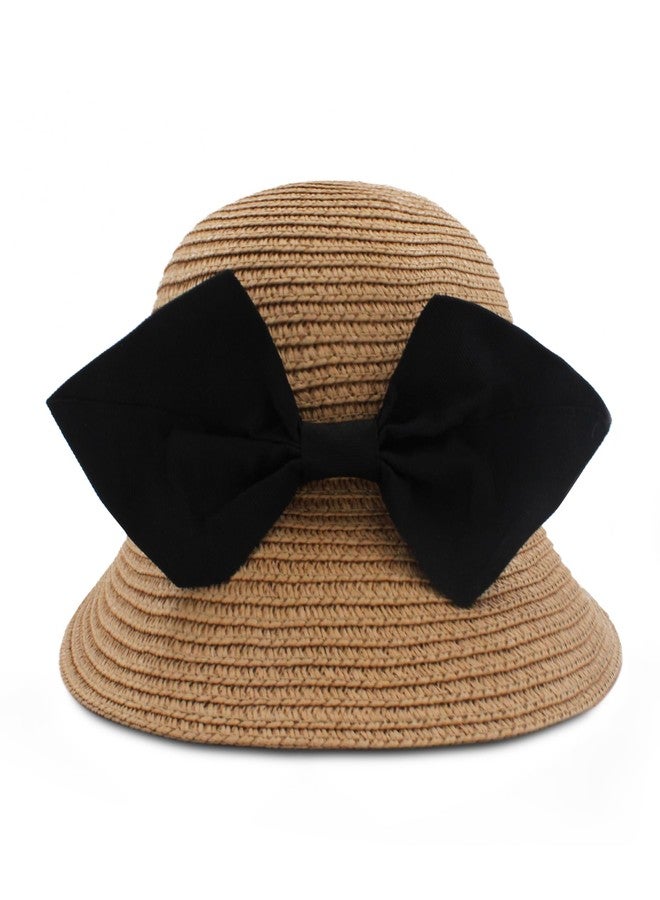 VRITRAZ Cloth Bow Breathable Kids Straw Hat For Boys And Girls, Summer Sun Protection, 6 To 14 Years (Barbell Brown) - Image 1