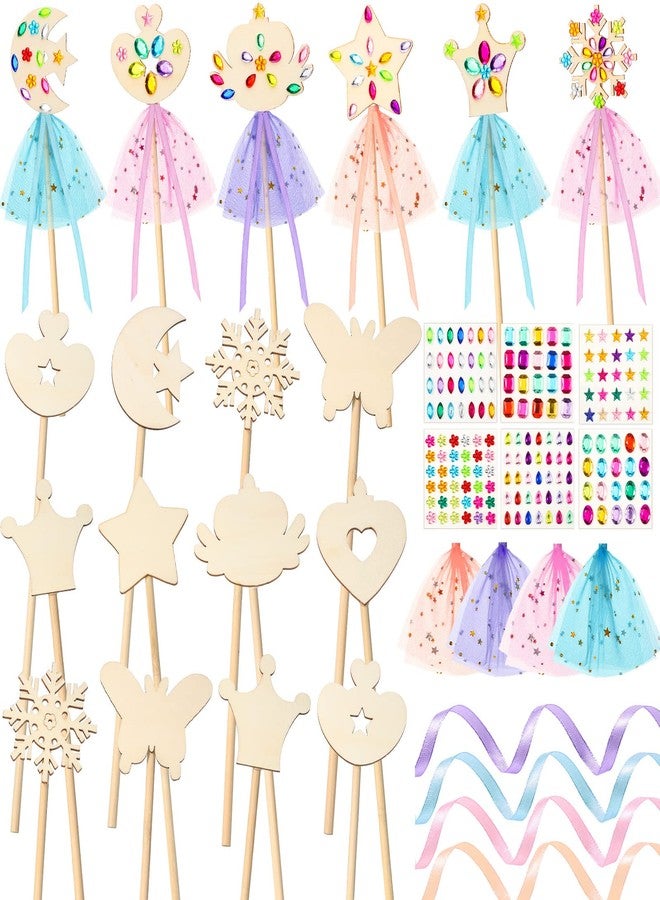 Queekay 34 Pcs Make Your Own Princess Wand Kit 16 Unfinished Star Butterfly Crown Moon Fairy Wood Stick 6 Gem Stickers 4 Satin Ribbons 8 Mesh Decor for Princess Cosplay Party Accessories DIY Art Craft Making - Image 1