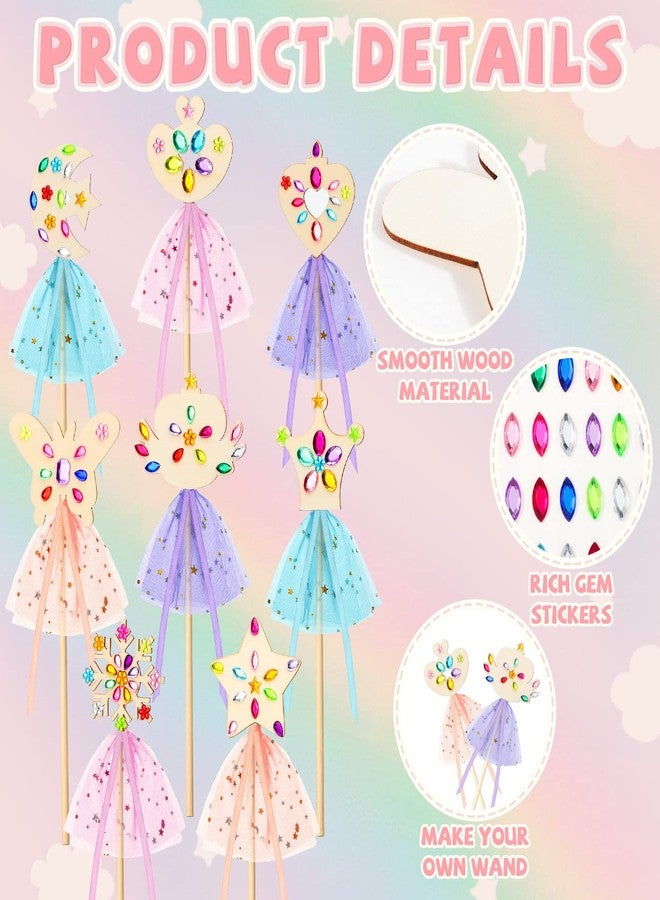 Queekay 34 Pcs Make Your Own Princess Wand Kit 16 Unfinished Star Butterfly Crown Moon Fairy Wood Stick 6 Gem Stickers 4 Satin Ribbons 8 Mesh Decor for Princess Cosplay Party Accessories DIY Art Craft Making - Image 2