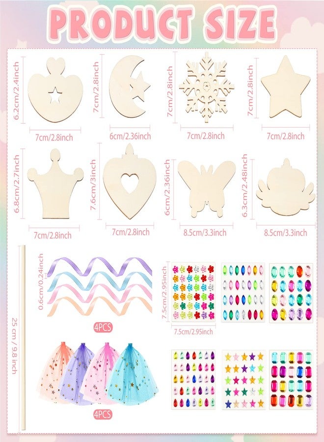 Queekay 34 Pcs Make Your Own Princess Wand Kit 16 Unfinished Star Butterfly Crown Moon Fairy Wood Stick 6 Gem Stickers 4 Satin Ribbons 8 Mesh Decor for Princess Cosplay Party Accessories DIY Art Craft Making - Image 3