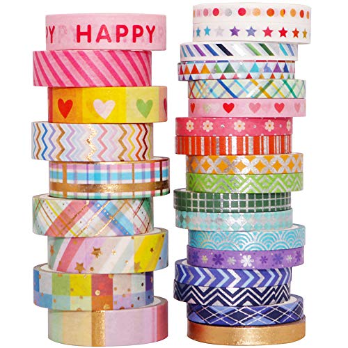 YUBBAEX Bright Mix Gold Washi Tape Set VSCO Foil Masking Tape Decorative for Arts, DIY Crafts, Journal Supplies, Planners, Scrapbook, Card/Gift Wrapping -5/10mm- (Rainbow 27 Rolls) - Image 1