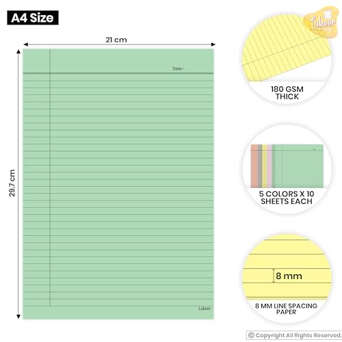 Lakeer A4 Size Ruled Paper, Single Side Ruled, 5 Pastel Colours, 180 GSM, Pack of 50 Sheets, Ideal for Projects, Assignments, Practicals, and Homework - Image 2