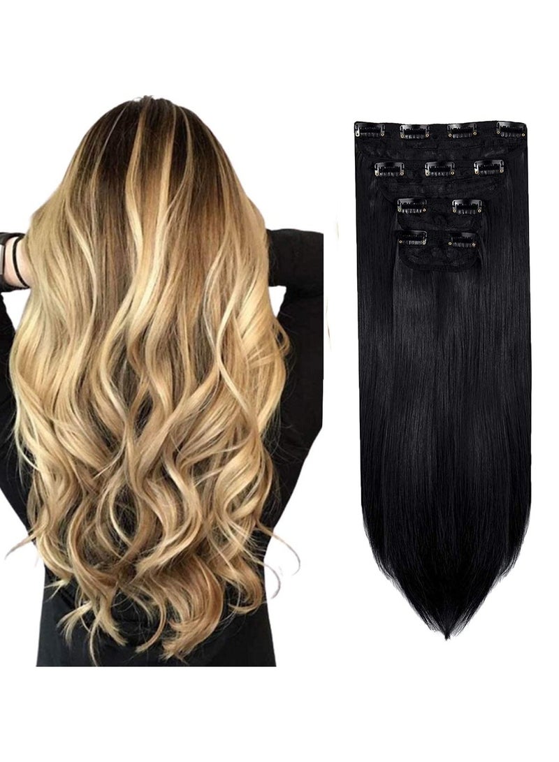 Estelle Clip in Hair Extensions 4Pcs 11Clips Straight Thick Full Head Double Weft Clip on Synthetic Hair Extension Hairpieces for Women Dark Black Straight - Image 1