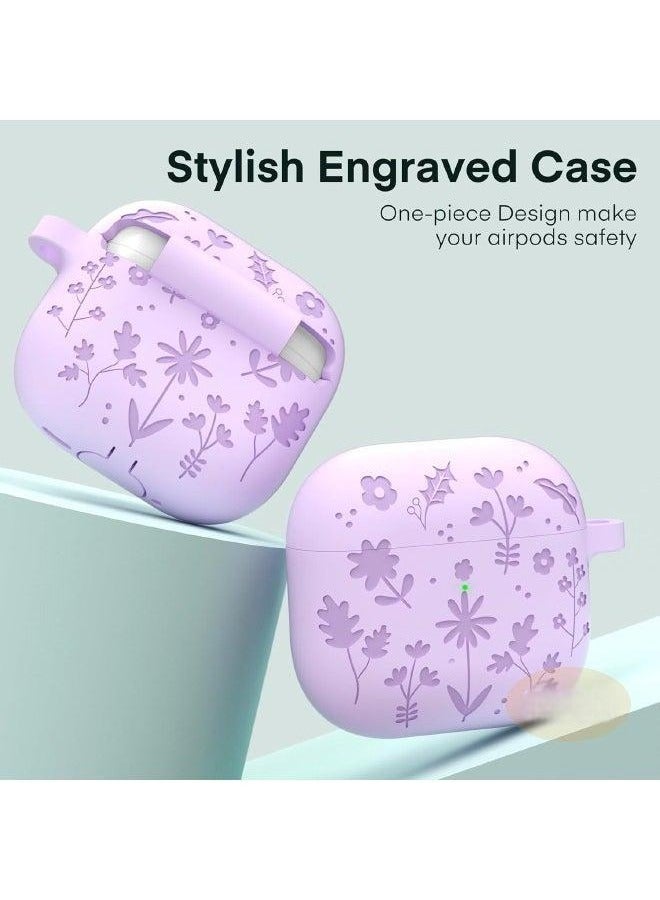 AirPods 4 Case, Engraved AirPods 4th Generation Case, Soft Silicone Skin Protective Case for Women Men with Keychain for Airpods 4 2024, Flower Purple - Image 2