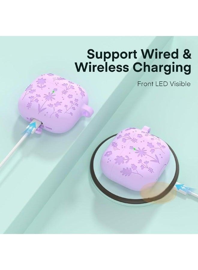 AirPods 4 Case, Engraved AirPods 4th Generation Case, Soft Silicone Skin Protective Case for Women Men with Keychain for Airpods 4 2024, Flower Purple - Image 3