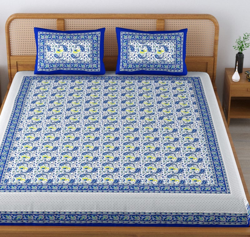 Colorish 120 TC Cotton Blend Elephant Printed Jaipuri Bedsheet for Double Bed King Size with 2 Pillow Covers, Indigo Blue - Image 2