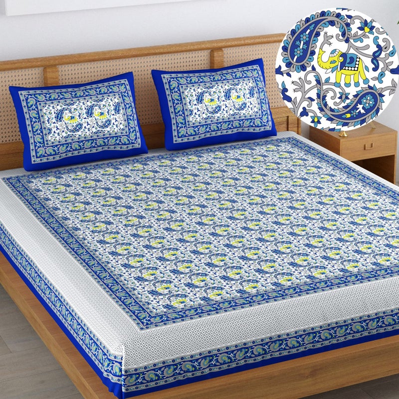 Colorish 120 TC Cotton Blend Elephant Printed Jaipuri Bedsheet for Double Bed King Size with 2 Pillow Covers, Indigo Blue - Image 1
