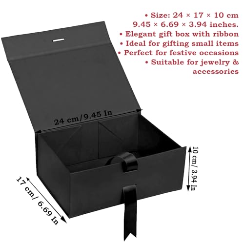 Aakriti Black Foldable Rakhi Gift Box Empty Gift Box with Satin Ribbon, Multipurpose Hamper Box Holds upto 5 kg Reuse Gift Boxes Box for Gift Packing (Medium 24 x 17 x 10 cm, Black Matte Finish 1Pcs) - Image 2