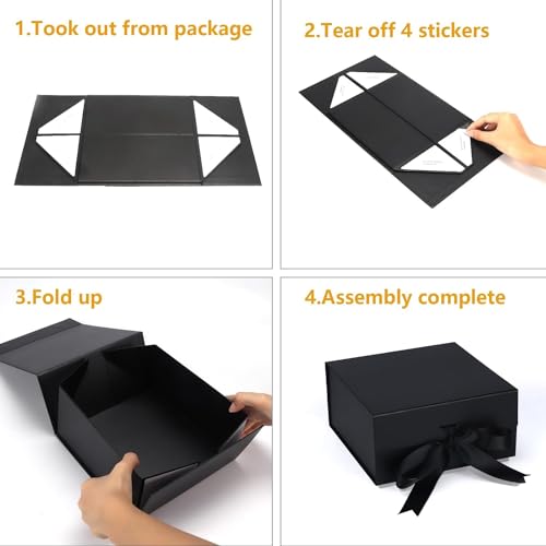 Aakriti Black Foldable Rakhi Gift Box Empty Gift Box with Satin Ribbon, Multipurpose Hamper Box Holds upto 5 kg Reuse Gift Boxes Box for Gift Packing (Medium 24 x 17 x 10 cm, Black Matte Finish 1Pcs) - Image 3
