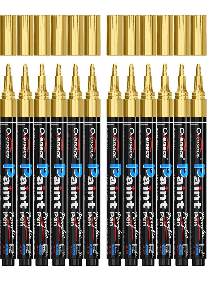Overseas Gold Paint Pens - Permanent Acrylic Paint Markers 12 Pack, Water-Based, Quick Dry, Waterproof Marker Pen for Rock, Wood, Plastic, Metal, Canvas, Glass, Fabric, Card, Mugs. Medium Tip - Image 1