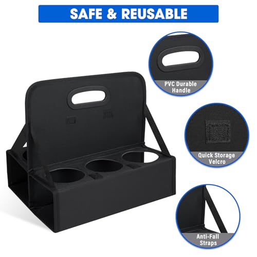 ZKOO Portable Drink Carrier with Handle, 6 Cup Foldable Portable Drink Carrier, Reusable Cup Holder Carry Coffee, Wine, Cocktails, Hot and Cold Beverages for Delivery and Take Out (Black) - Image 3