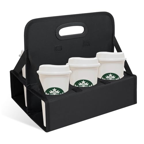 ZKOO Portable Drink Carrier with Handle, 6 Cup Foldable Portable Drink Carrier, Reusable Cup Holder Carry Coffee, Wine, Cocktails, Hot and Cold Beverages for Delivery and Take Out (Black) - Image 1