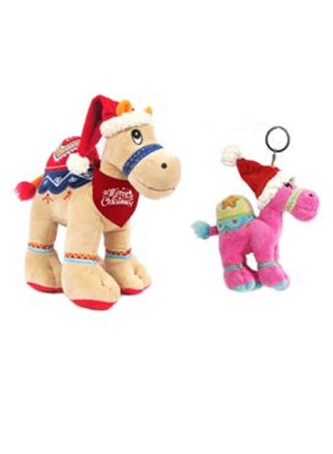 Fay Lawson Bundle item - Beige camel with Santa hat with print on red bandana, size 18cm, Dark Pink key ring with Santa Hat 12cm 