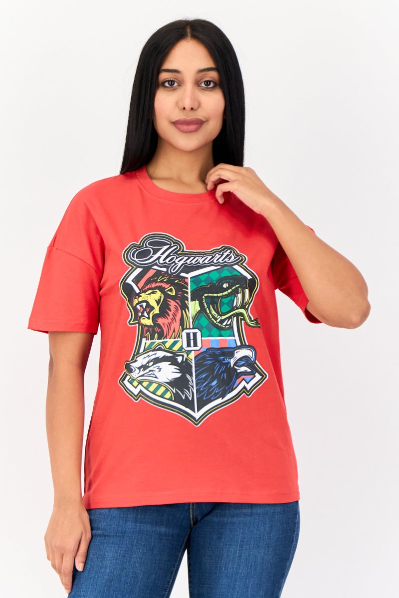 Harry Potter Women Crew Neck Short Sleeves Graphic Print T-Shirt, Red - Image 1