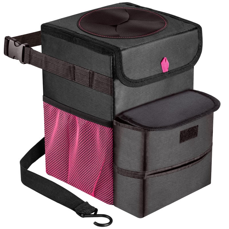 GPUSFAK Car Trash Can Foldable Garbage Bin Leakproof 3 Gallons Black Pink