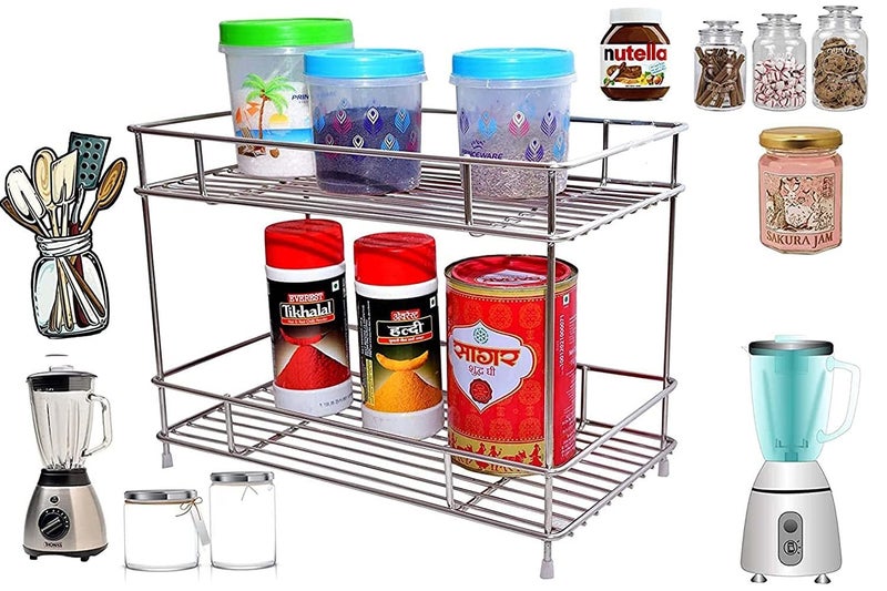 CR18 COLLECTION Big Size Stainless Steel 2 Layer Countertop Spice Rack | Modular Storage Organizer | Multipurpose Shelf, Silver, Step Shelf - Image 4