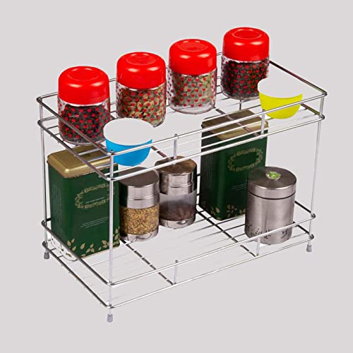 CR18 COLLECTION Big Size Stainless Steel 2 Layer Countertop Spice Rack | Modular Storage Organizer | Multipurpose Shelf, Silver, Step Shelf - Image 2