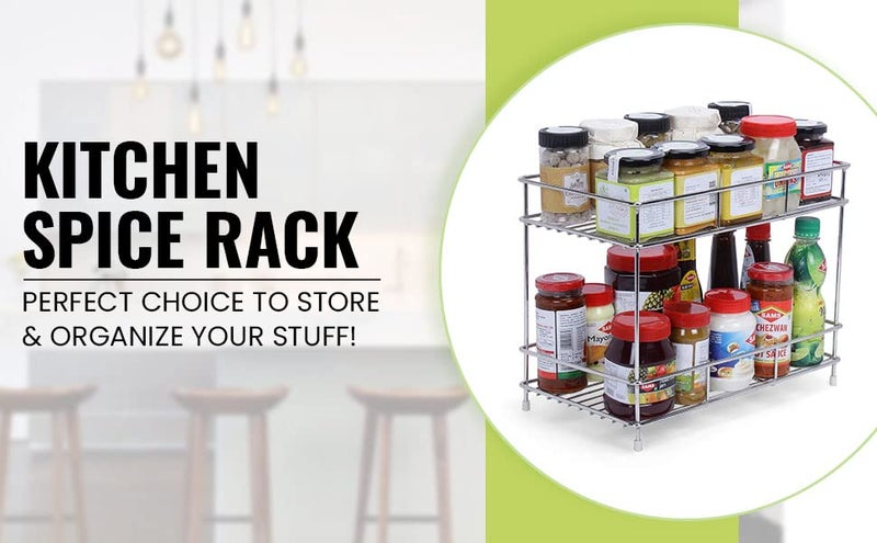 CR18 COLLECTION Big Size Stainless Steel 2 Layer Countertop Spice Rack | Modular Storage Organizer | Multipurpose Shelf, Silver, Step Shelf - Image 5