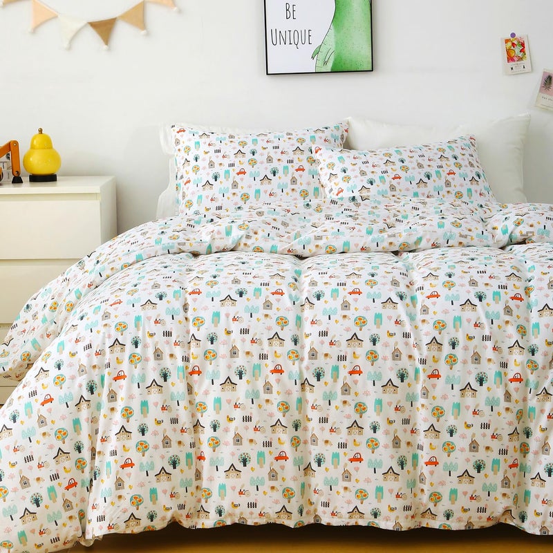 Ivellow Twin Duvet Cover for Kids Cartoon 100% Cotton Kids' Duvet Cover Sets Cottage Farm House Car Patterned Duvet Cover Ultra Soft Breathable Cute Toddler Bedding Set Zipper Closure Boys Girls Teens - Image 1
