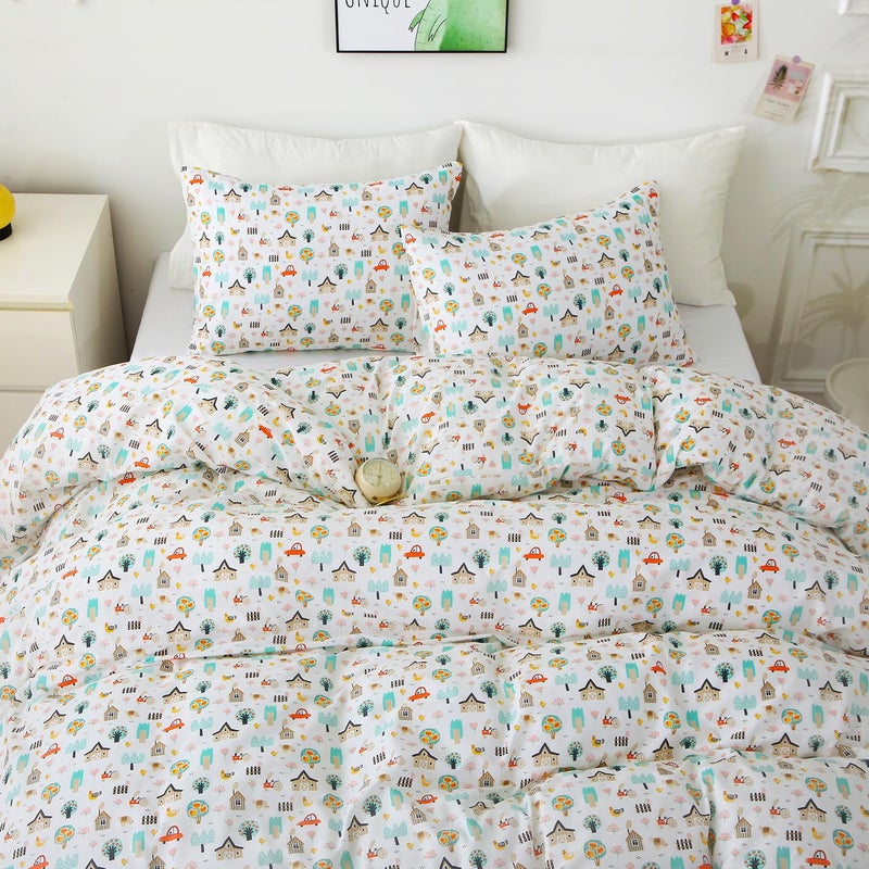 Ivellow Twin Duvet Cover for Kids Cartoon 100% Cotton Kids' Duvet Cover Sets Cottage Farm House Car Patterned Duvet Cover Ultra Soft Breathable Cute Toddler Bedding Set Zipper Closure Boys Girls Teens - Image 3