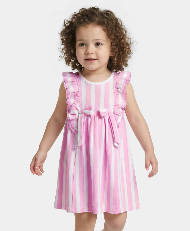 Bonfino Bonfino 100% Cotton All Over Striped Flutter Sleeves Frock with Bow Detailing - White/Pink